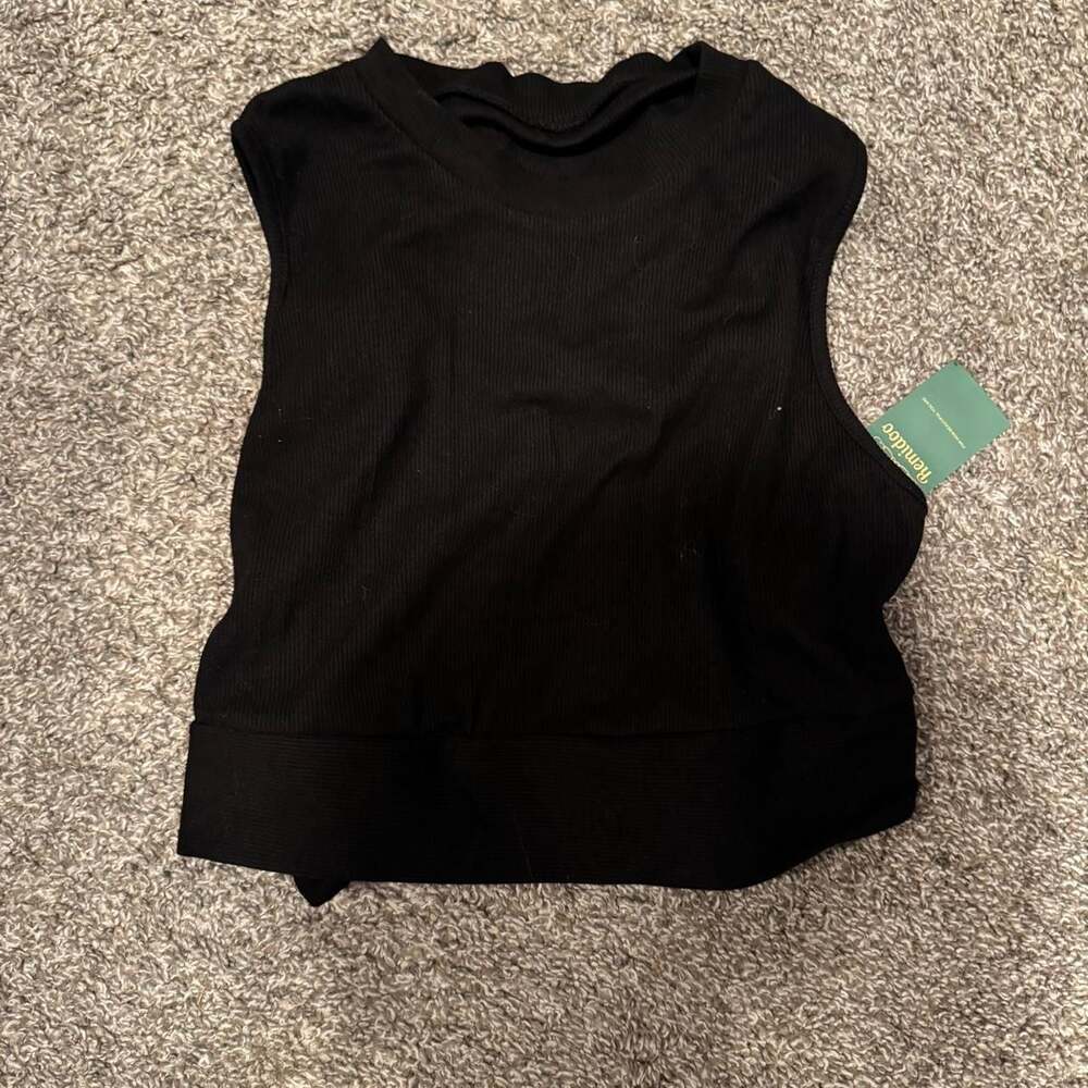 Remidoo Black Backless Tie Crop Top, Ribbed Sleeveless High Neck - NWT